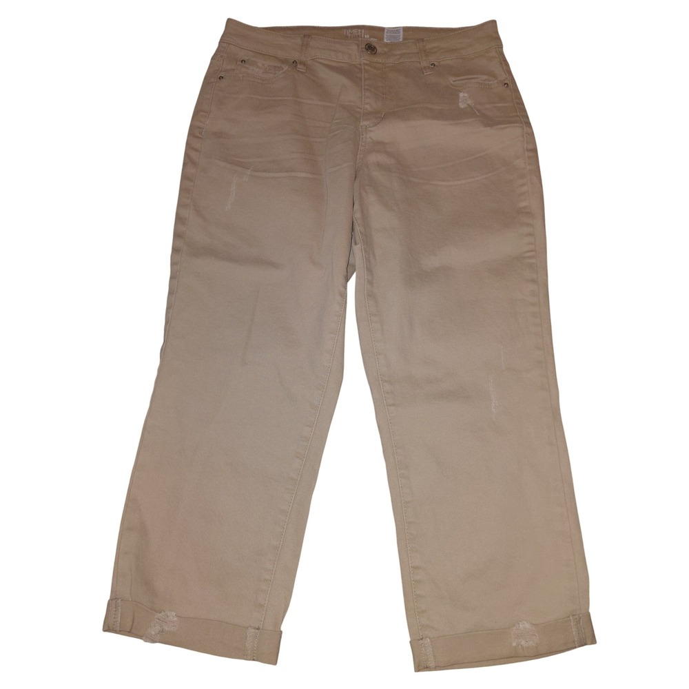Time and Tru Womens Khaki Tan Cropped Straight Leg Pants Size 10 Distressed